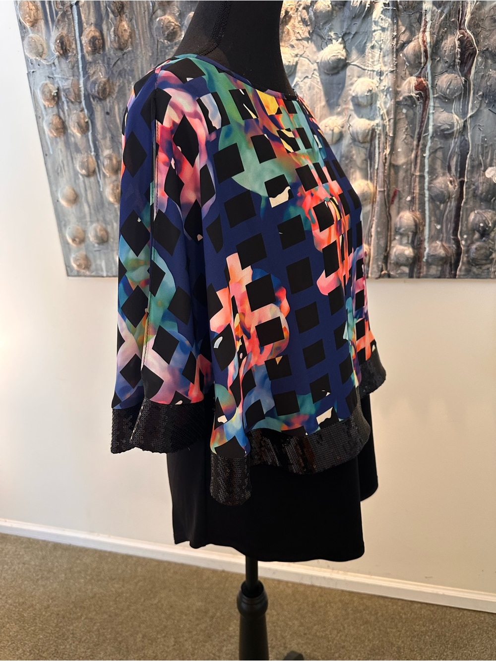 Joseph Ribkoff 12 Multicolor Geometric Overlay Cape Tunic with Sequin Hem - Picture 10 of 10